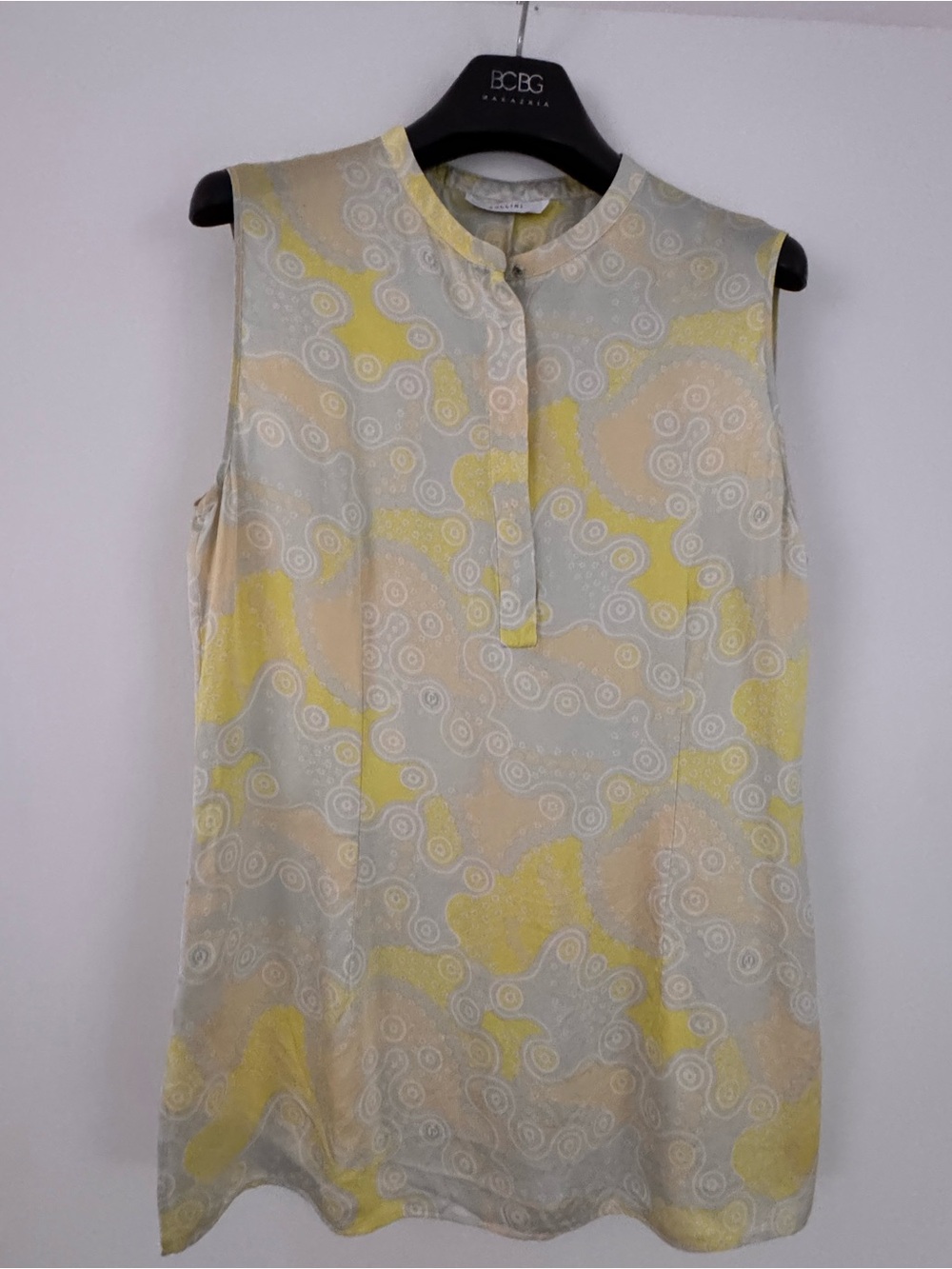 Pollini, silk sleeveless yellow and cream patterned tunic